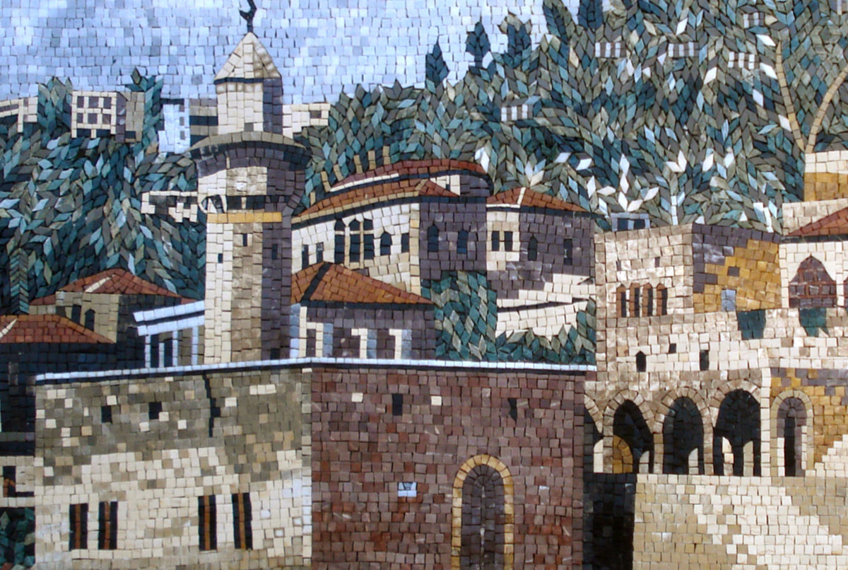 Handmade Marble Mosaic Tile: Middle Eastern Old City Landscape