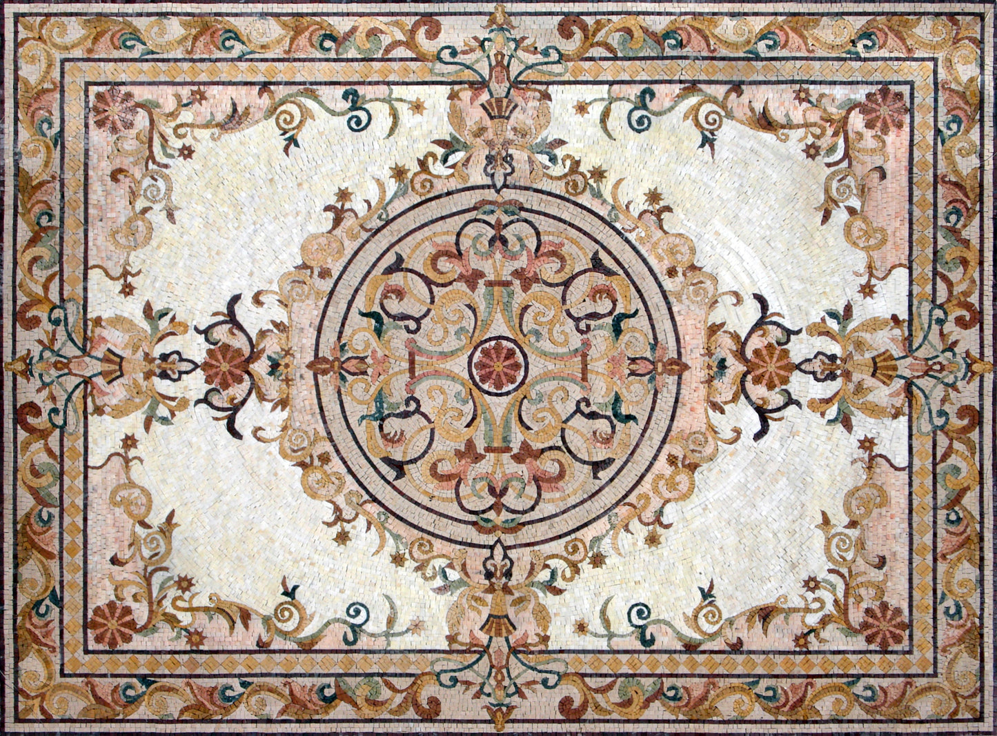 Handmade Marble Mosaic Rug: Floral Medallion, Stone Tile (80” x 60")