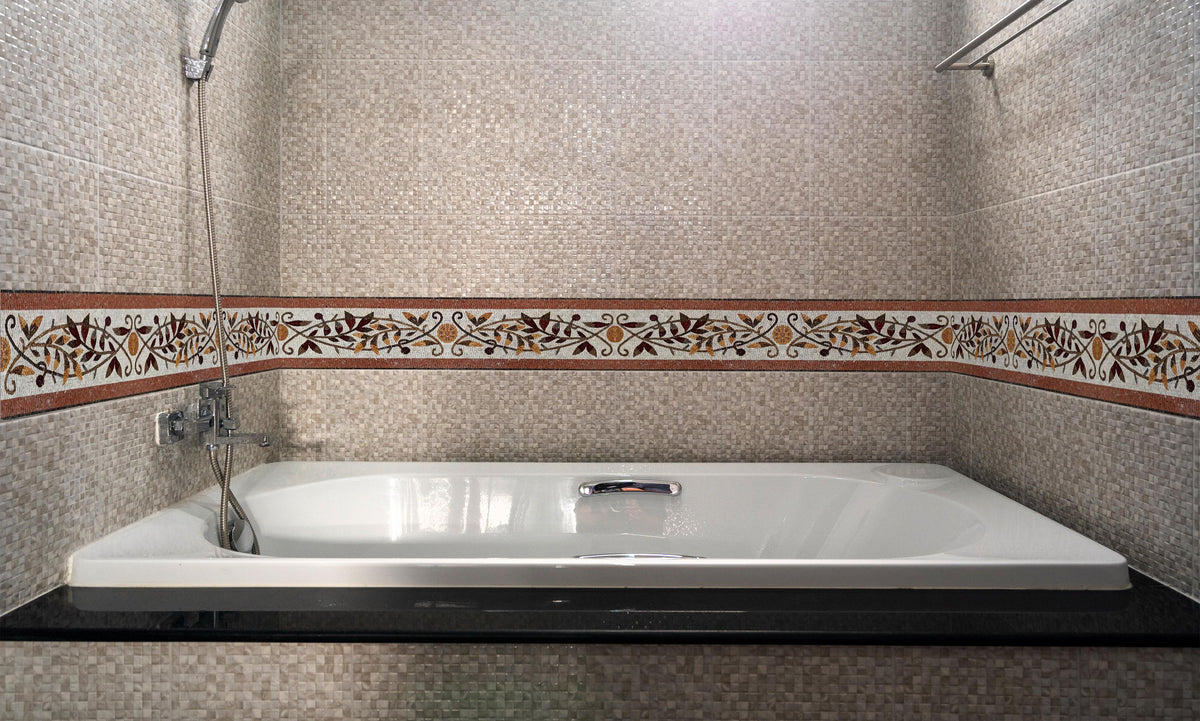 12″ Winding Leaves & Circles Border Mosaic – Handmade Marble Tile Trim, Customization available