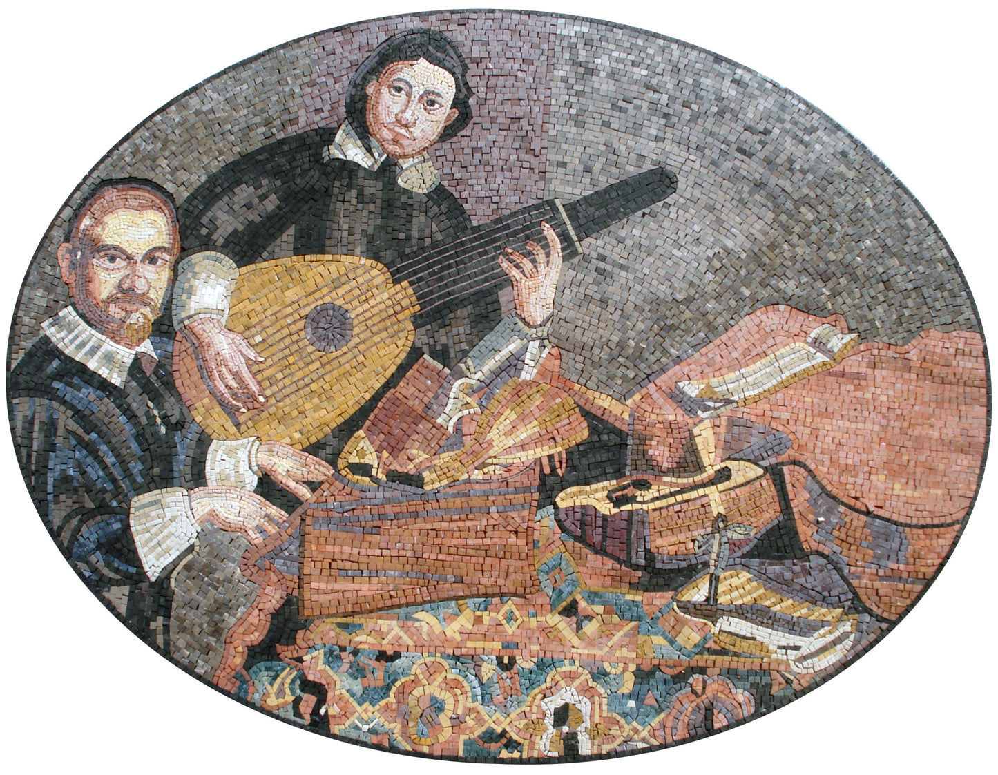 Handmade Marble Mosaic Mural: Two Musicians Playing Music