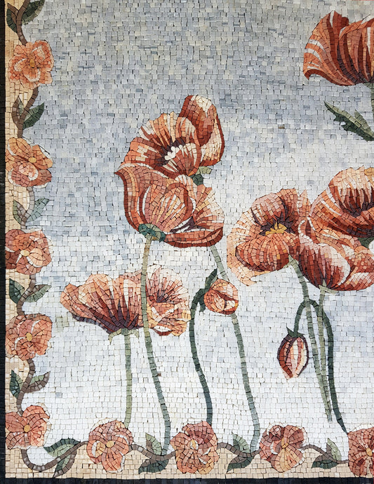 Handmade Pink Peonies Mosaic Wall Art: Stone Tile Medallion (40x40")