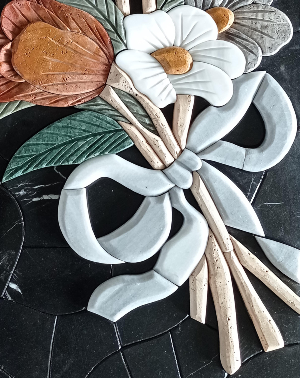 Handmade Marble Mosaic Tile Art: Embossed Floral Wall Decor