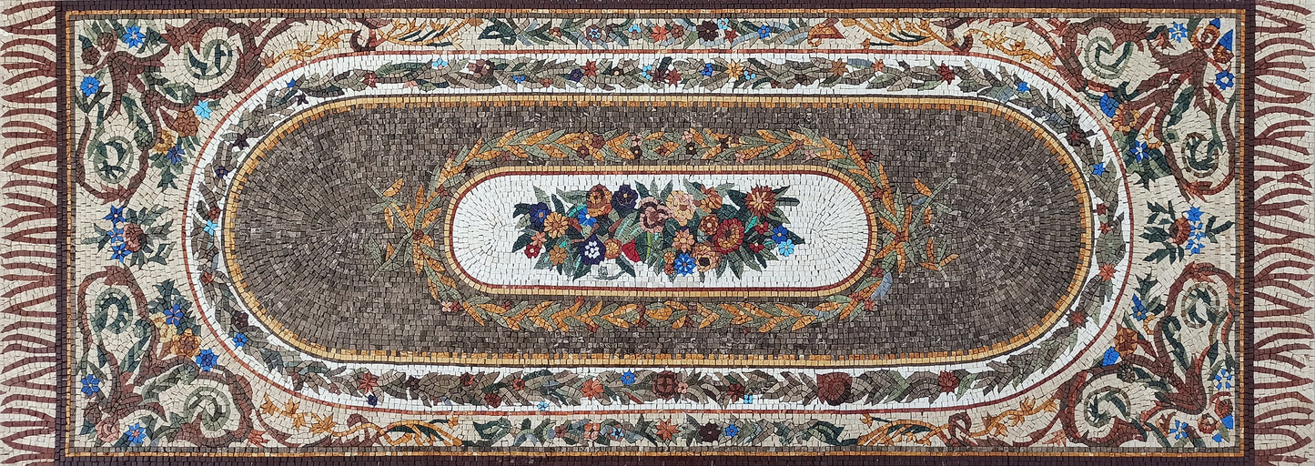Handmade Marble Stone Mosaic Rug: Floral Art, Large Luxury Rug (108” x 36")