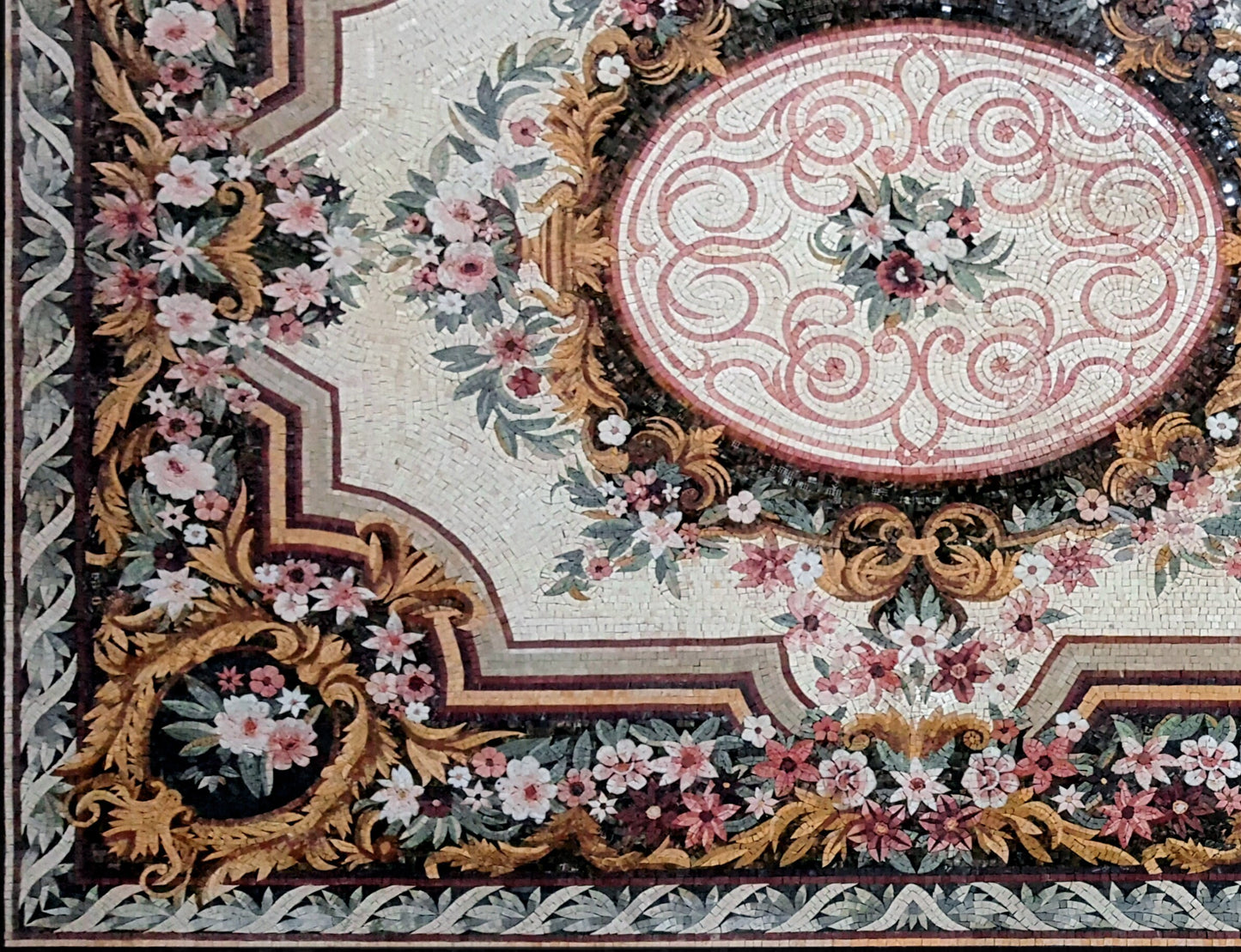 Large Floral Marble Mosaic Rug: Handmade Stone Carpet (104” x 80")
