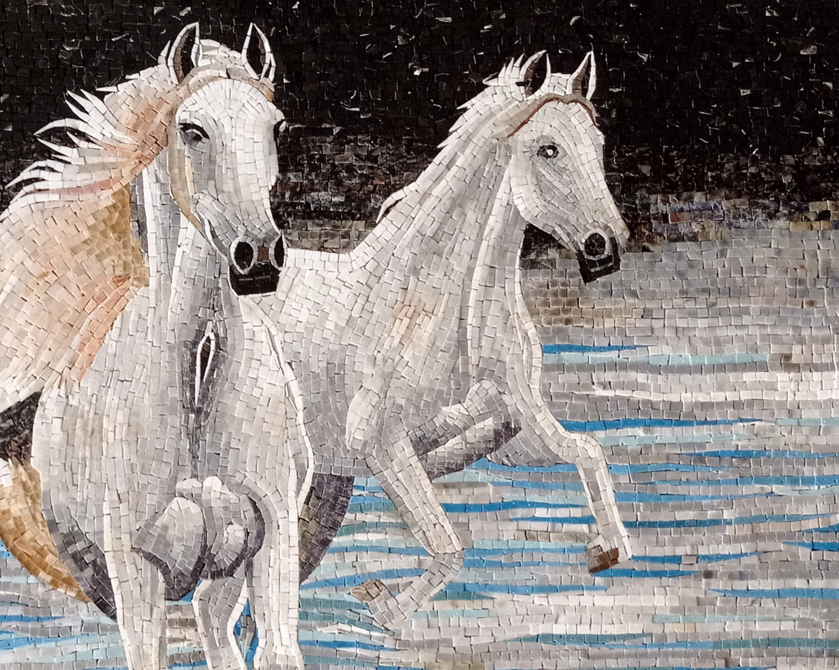 Handmade White Horse Marble Mosaic Mural: Animal Wall Art (60" x 48")