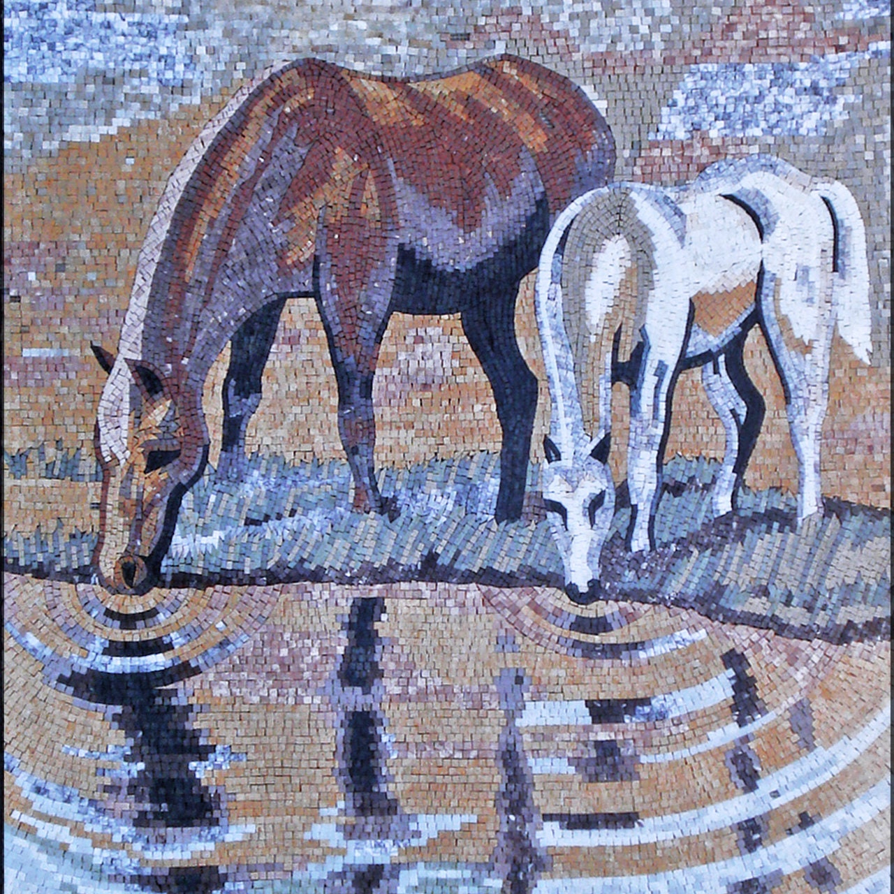 AN009 Horses Drinking Mural Marble Mosaic Art