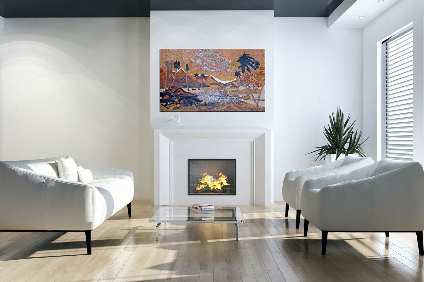 Handmade Desert Mosaic Tile Art: Palm Trees, Lake, Marble Stone
