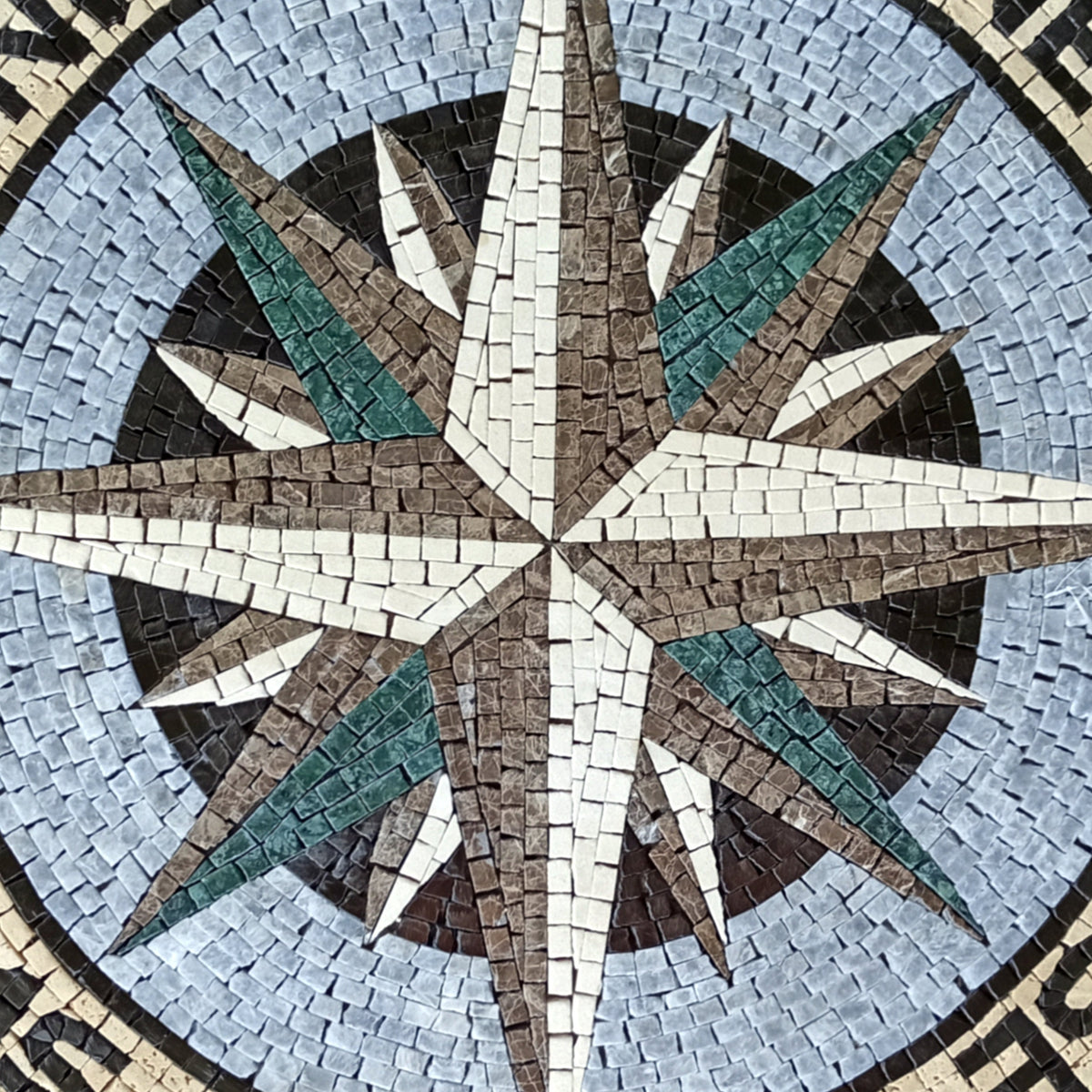 Handmade Marble Mosaic Compass Tile: Nautical Flooring Art (32" Diameter)