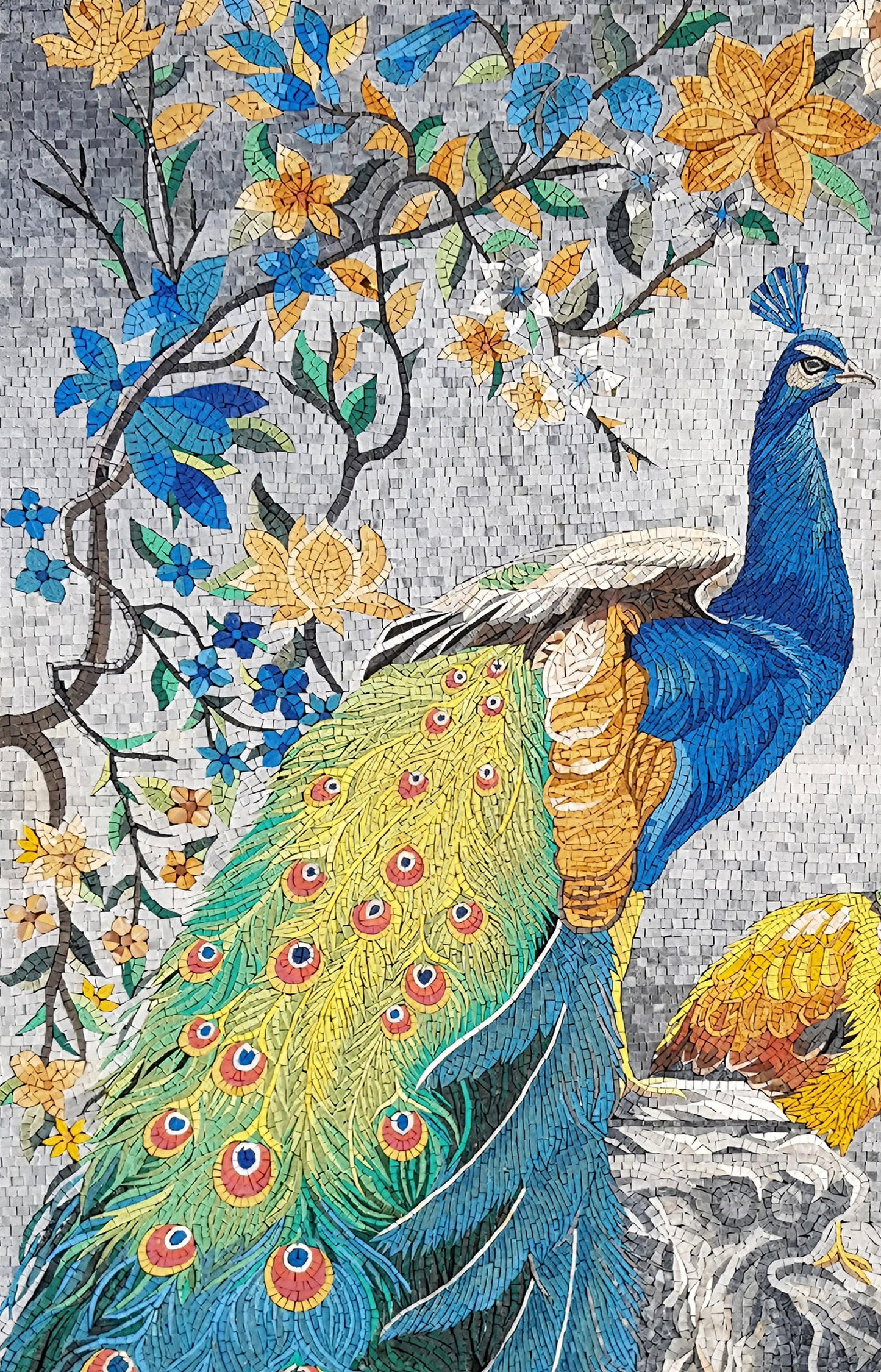 62” x 38” Handmade Peacock Mosaic Tile Art – Botanical Wall Décor - Customization Available