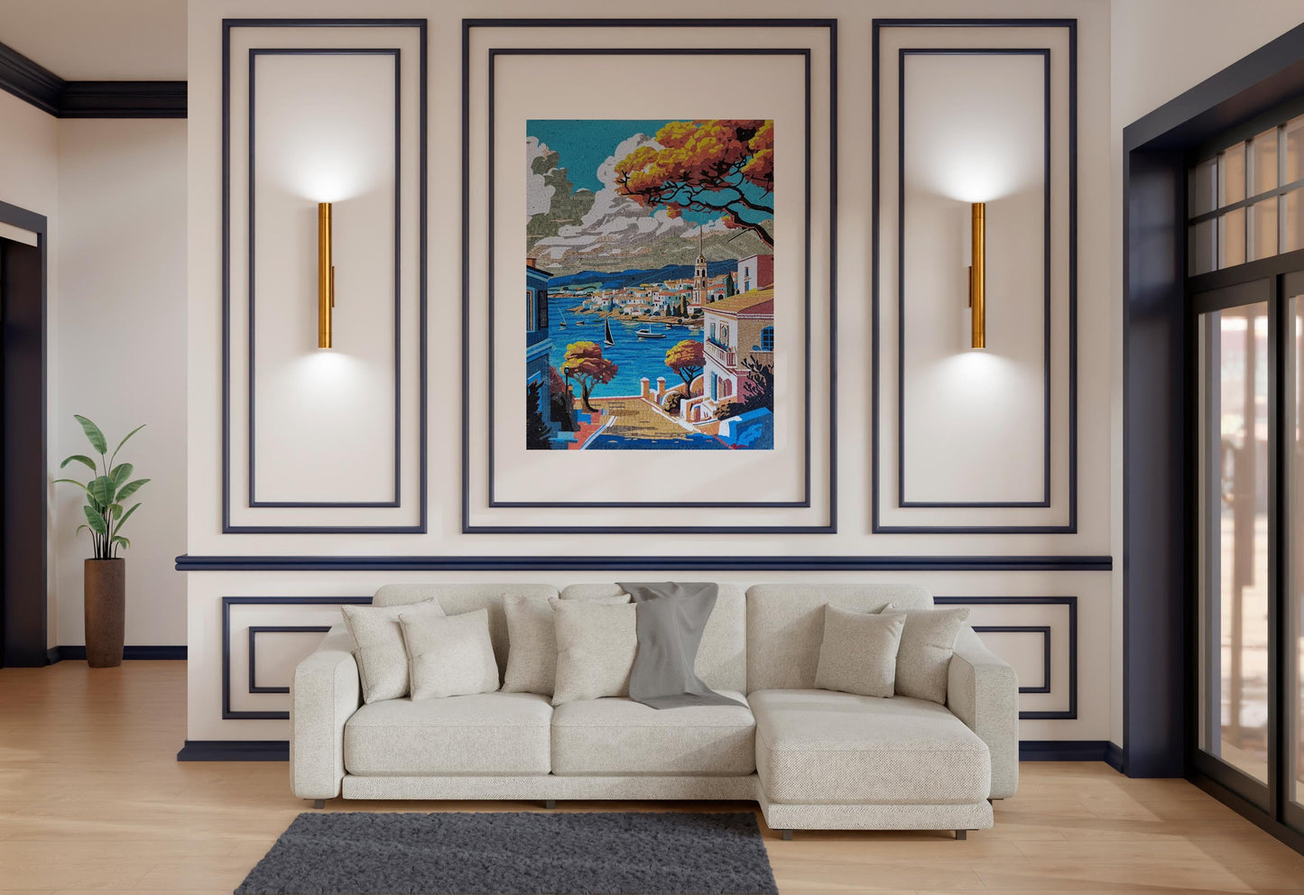 48"x36" Cityscape Mosaic Wall Art - Mountain & Water Scene, Urban Landscape Home Decor, Customization available