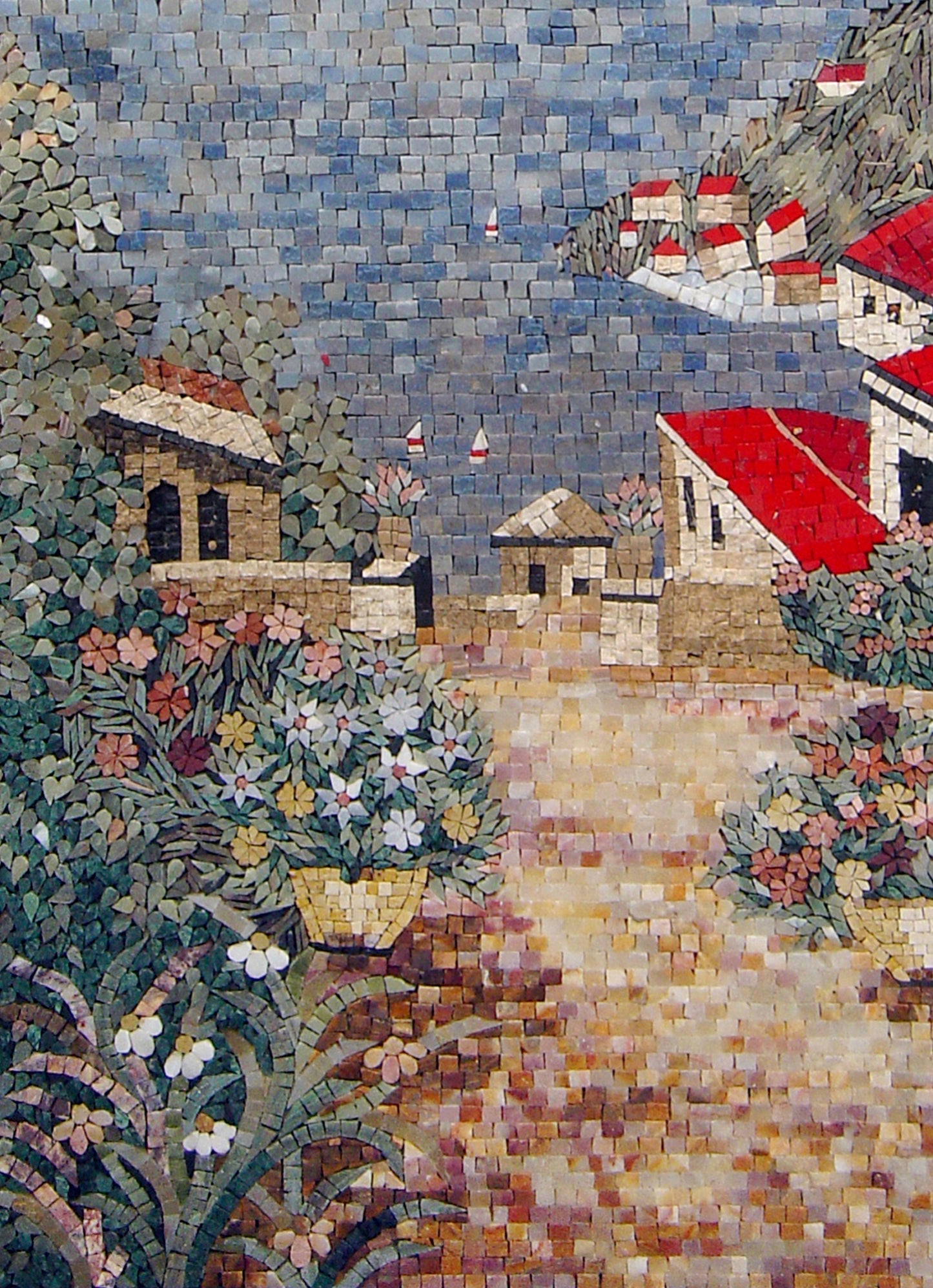 Handmade Coastal Mosaic Tile Art: Beach House Scene (48” x 34”)