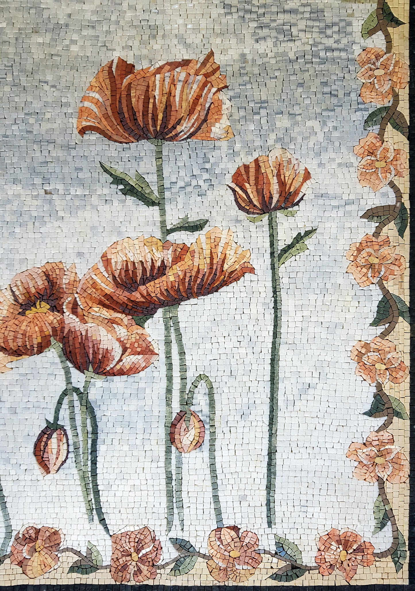 Handmade Pink Peonies Mosaic Wall Art: Stone Tile Medallion (40x40")