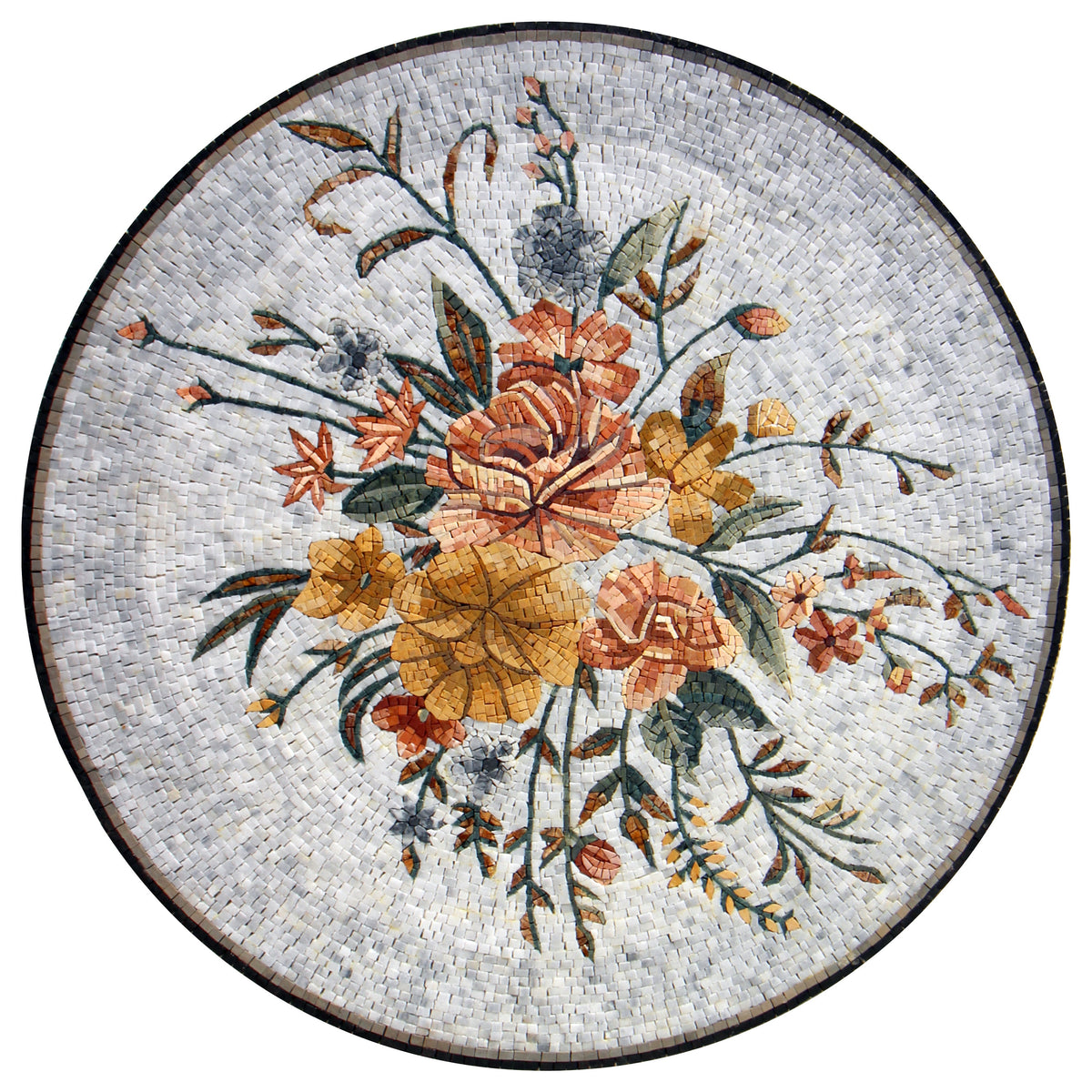 Peach and Goldenrod Blooms: Grey Background Mosaic Medallion with Floral Accents - Customization available
