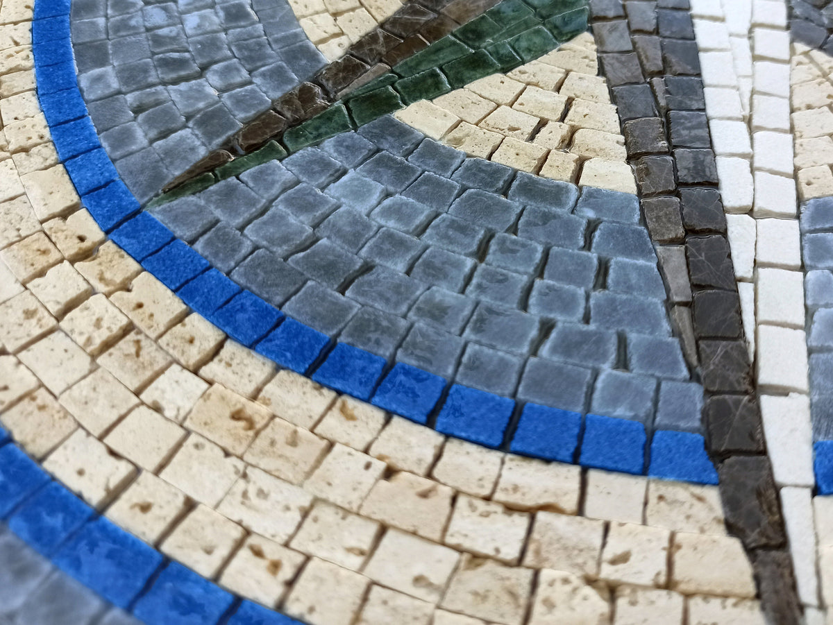 Nautical Compass Mosaic Medallion: Blue & Grey Marble, Handmade