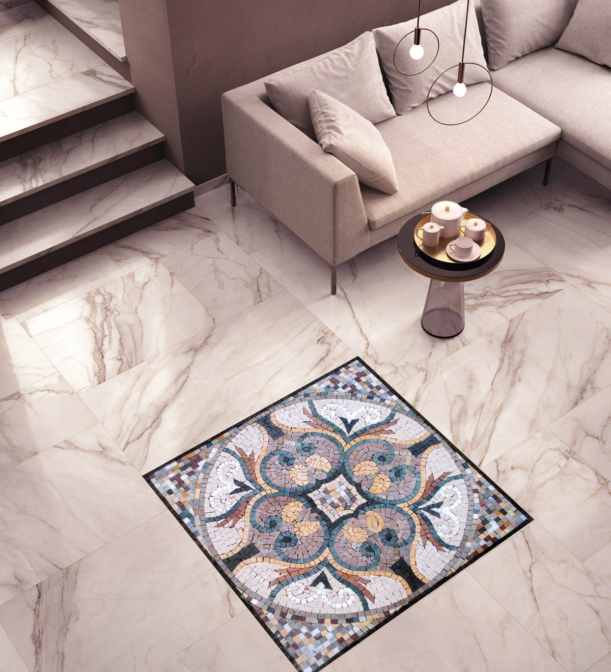 24” GEOMETRICAL MOSAIC TILES | Square Shape Abstract Pattern Murals For Living Room Floor | Tiles For Interior And Outdoor Entry And Walls