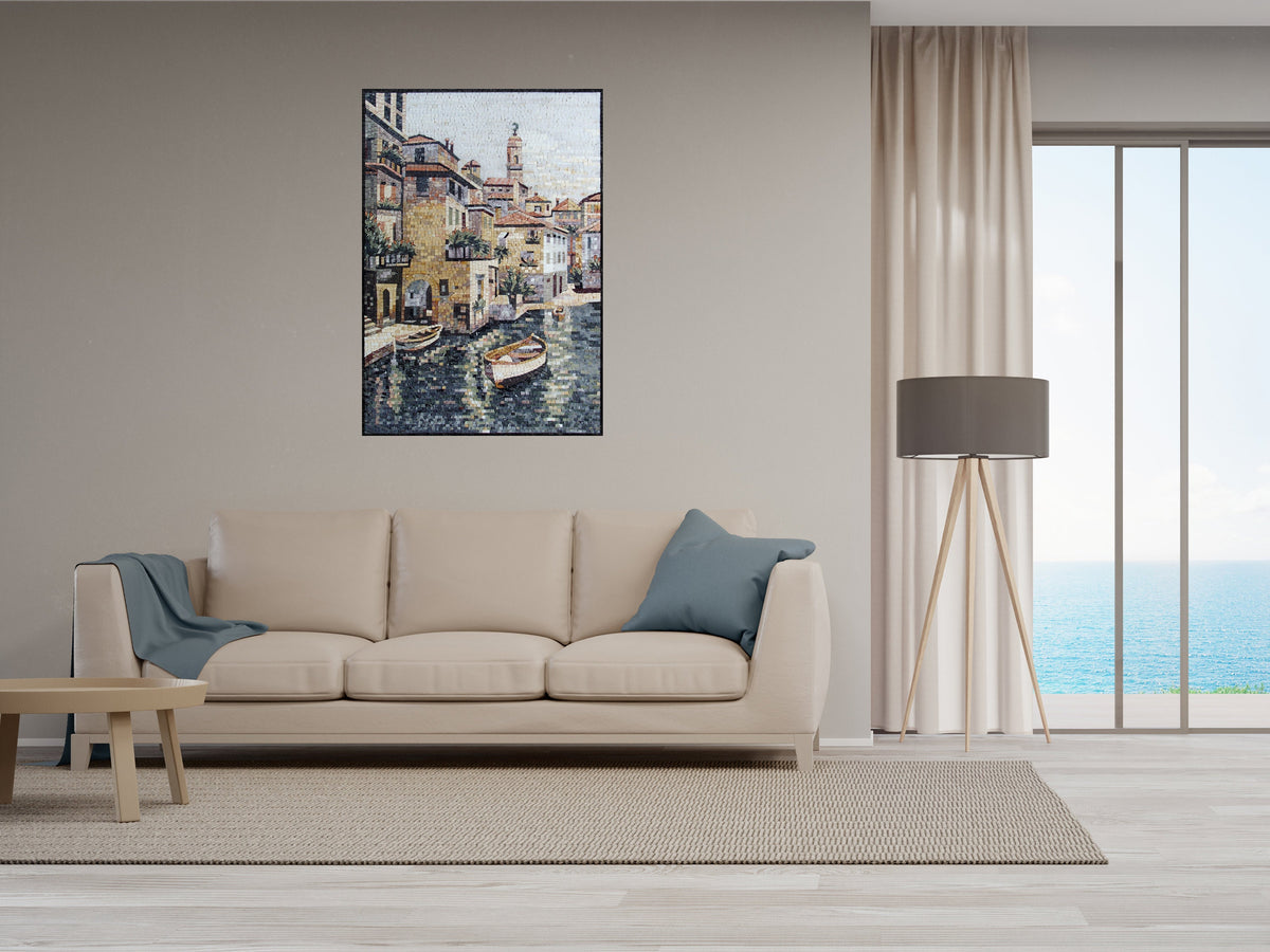 Coastal City Mosaic Tile Art: Handmade Marble Artwork (40” x 28”)
