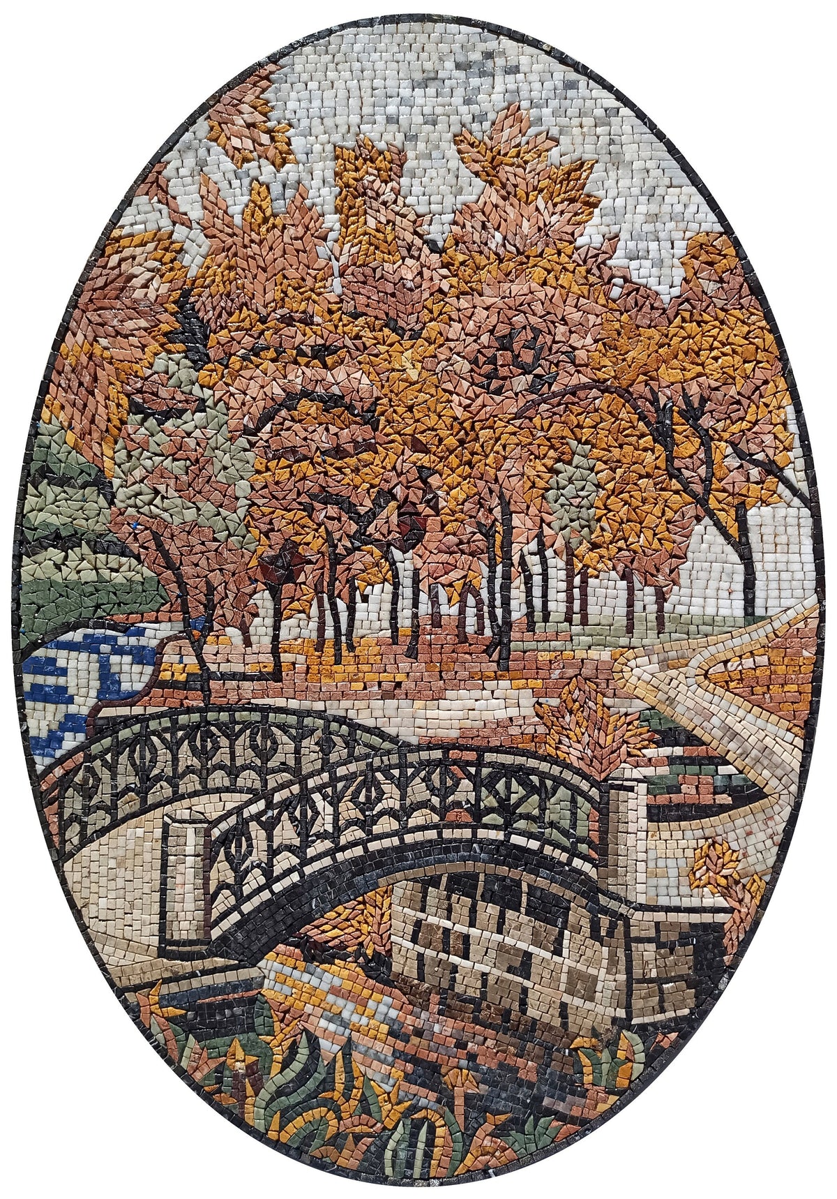 Handmade Marble Mosaic Mural: Bridge Botanical View (40” x 28”)