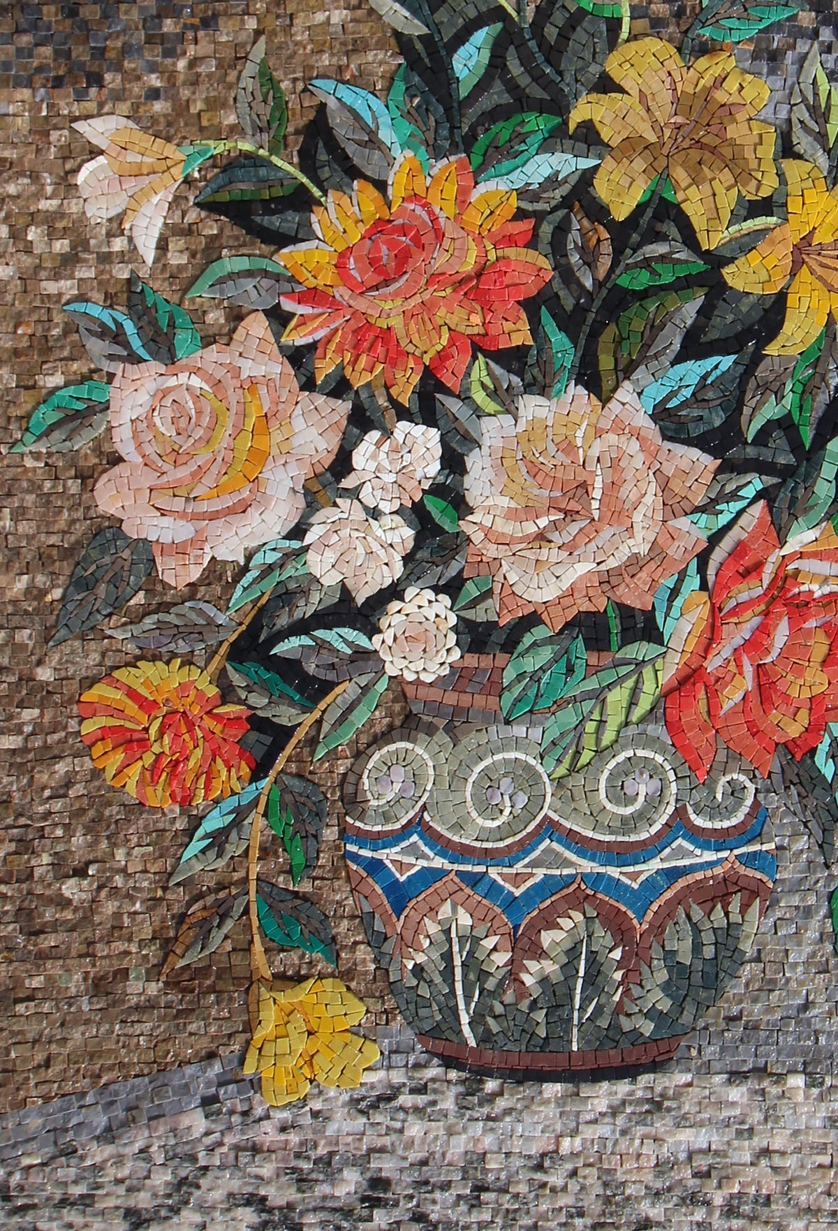 Floral Mosaic Wall Art: Handmade Marble Tile Vase Decor (40” x 28”)
