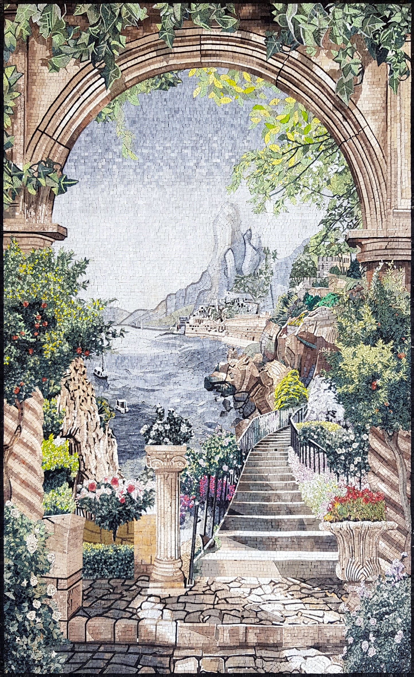 Handmade Marble Mosaic: Terraces and Seascape View Wall Art