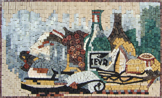 Wine Bottles Mosaic Art: Handmade Marble Still Life Wall Decor