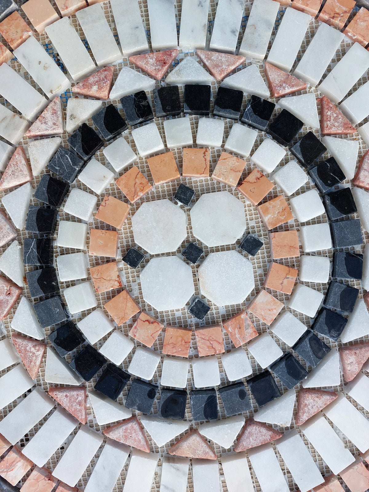 Travertine Mosaic Medallion: Blue Border Handmade Stone Art