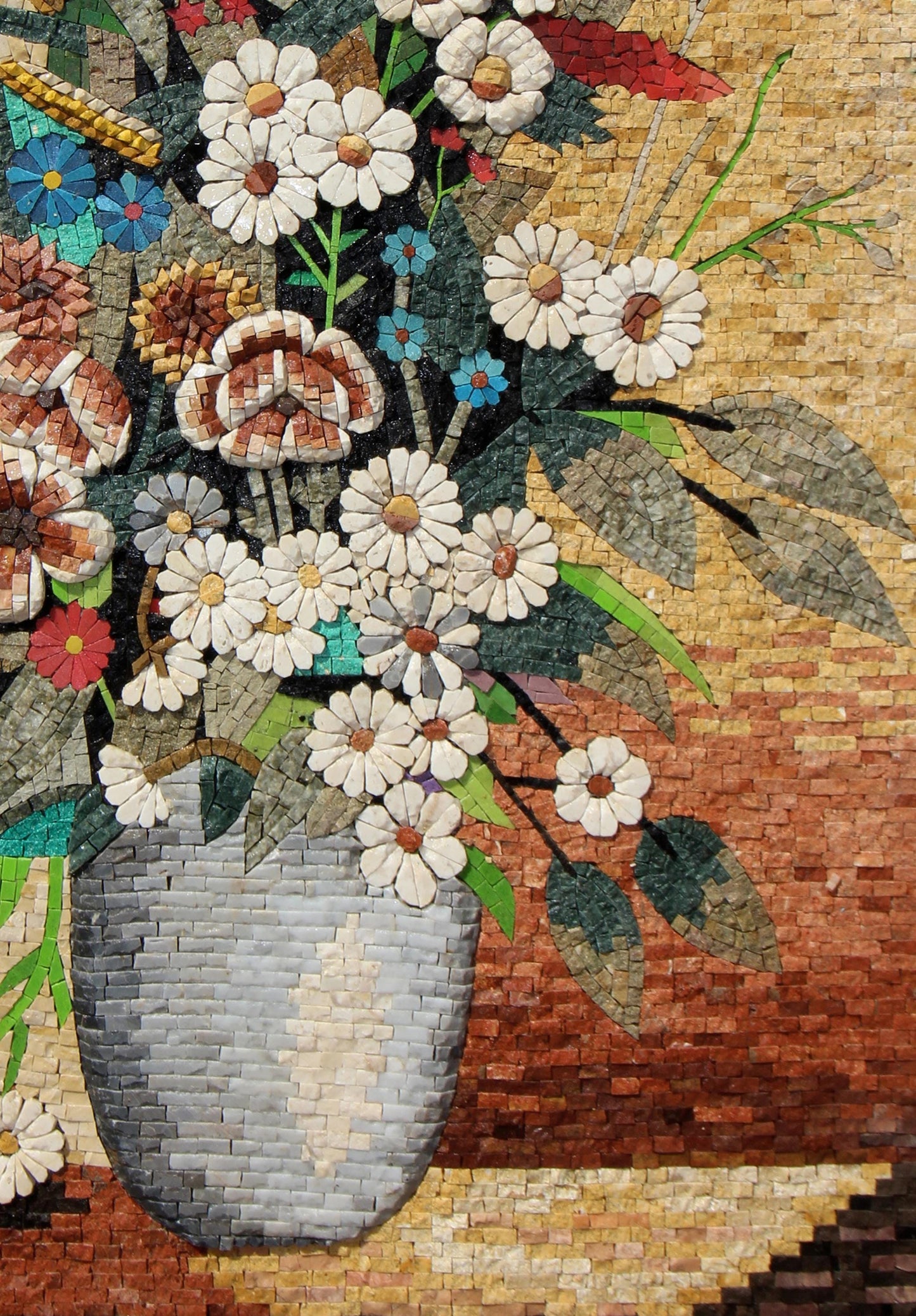 Handmade Floral Mosaic Tile Art: Marble Flower Vase Backsplash