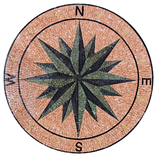 Handmade Compass Rose Mosaic Tile: Nautical Stone Medallion (32" Diameter)