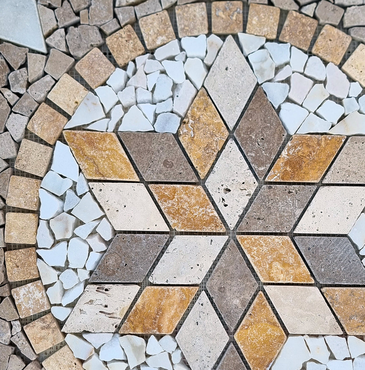 Handmade Travertine Mosaic Medallion: Tropical Stone Art, 24"