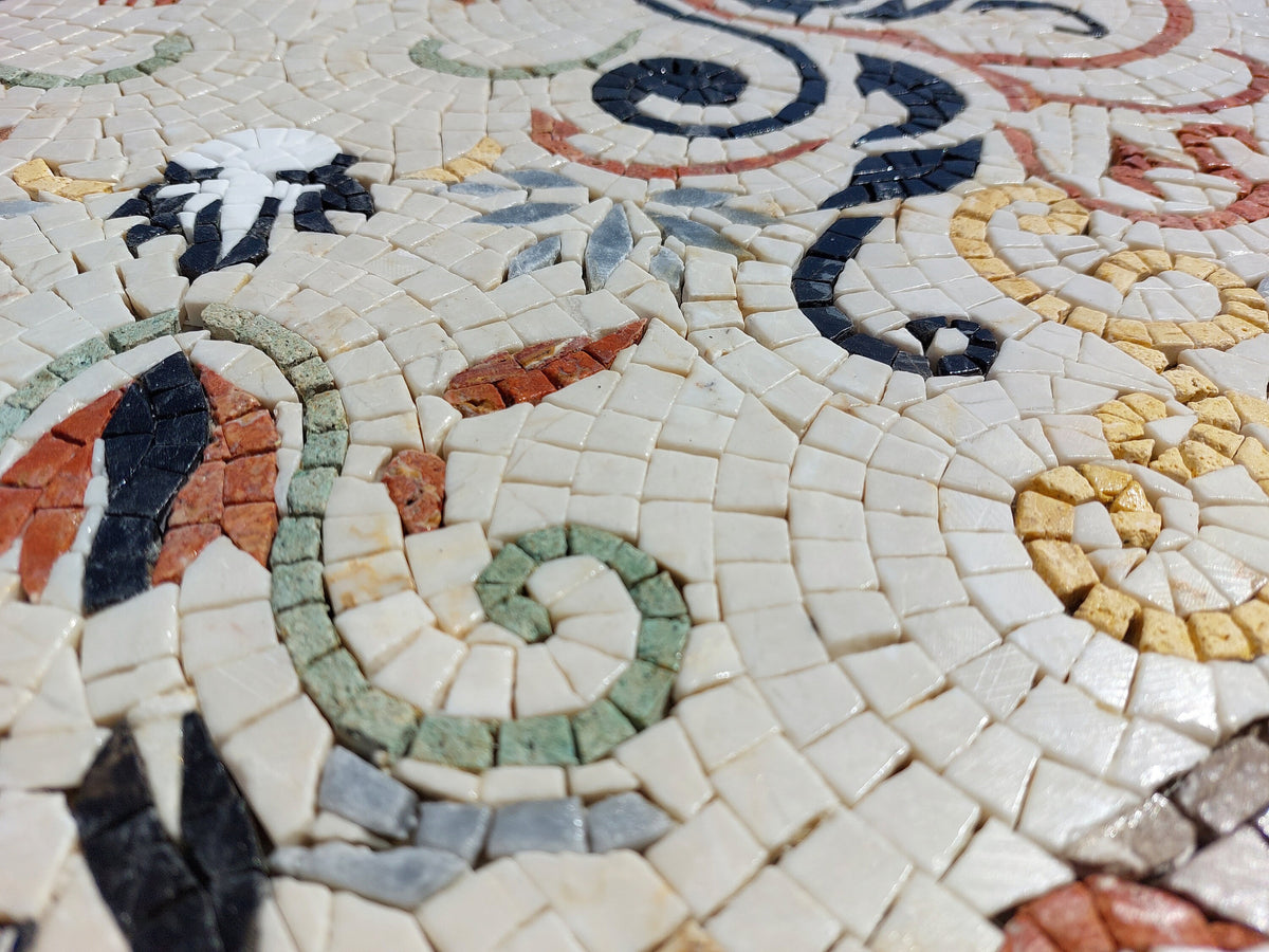 Handmade Geometric Marble Mosaic Tile: Floral Medallion (40"x40")