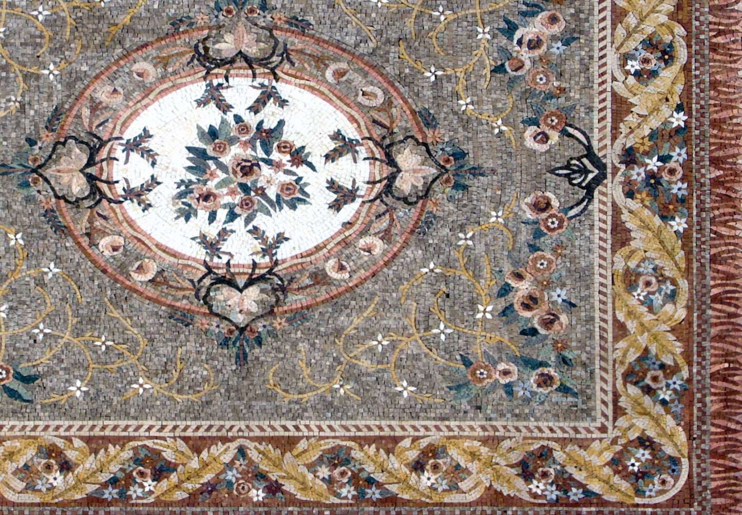 Handmade Marble Mosaic Rug: Floral Stone Medallion (80” x 56")