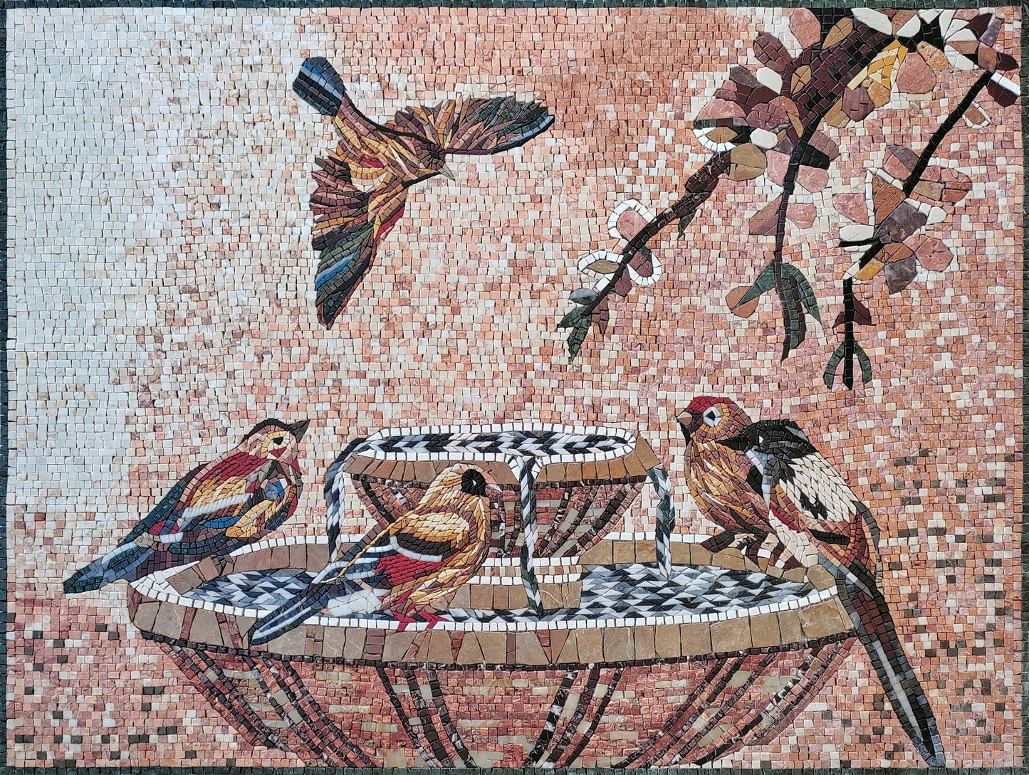 Handmade Bird Mosaic Backsplash: Marble & Stone Wall Art (40" x 30")