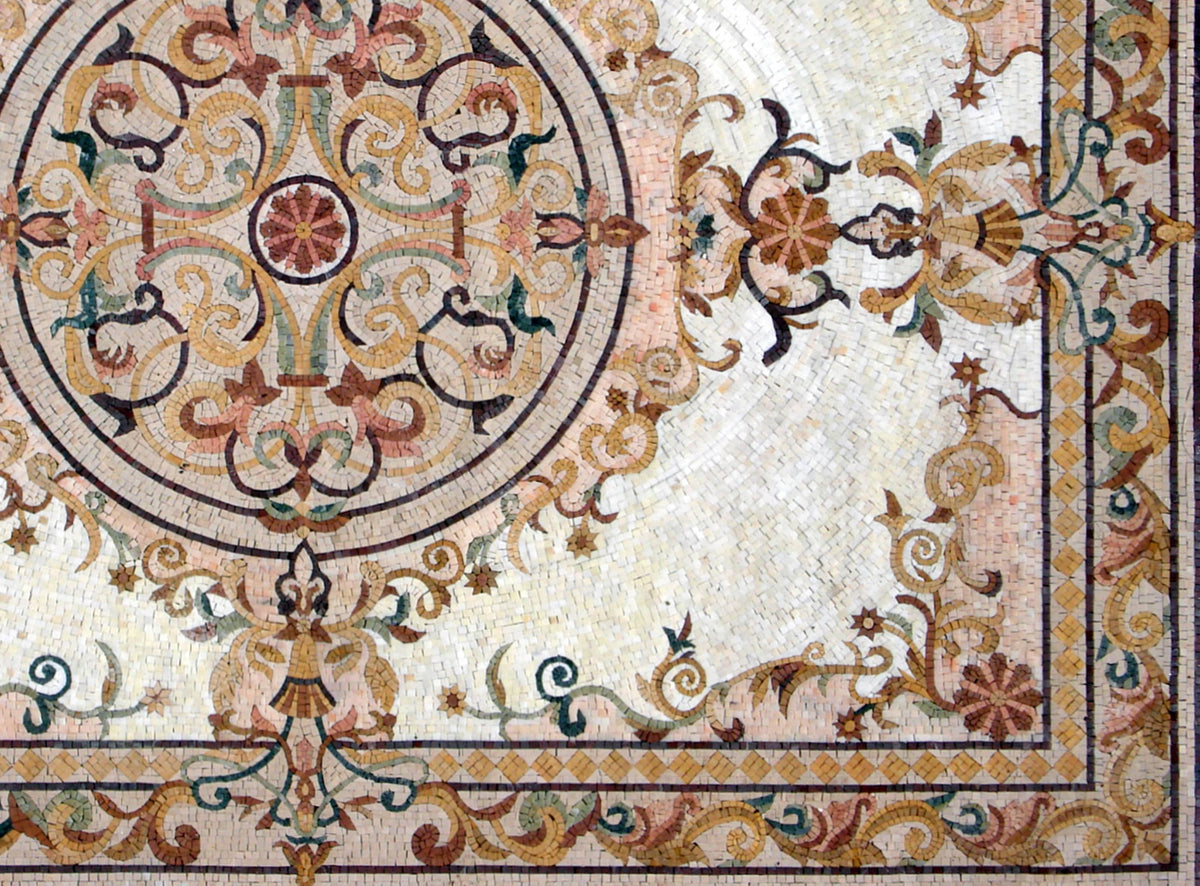 Handmade Marble Mosaic Rug: Floral Medallion, Stone Tile (80” x 60")