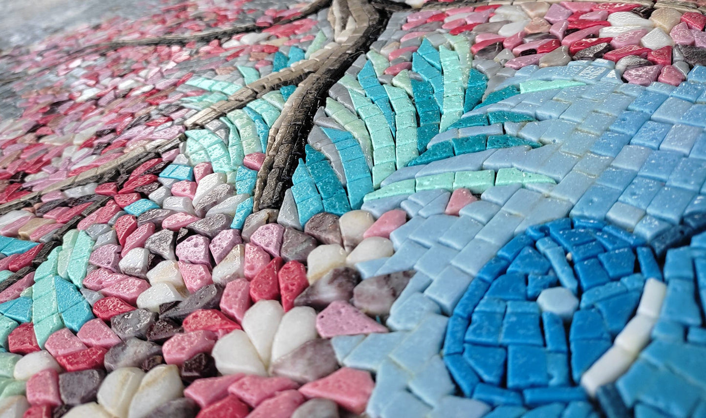 Handmade Peacock Mosaic Tile Art: Cherry Tree & Koi Pond (64” x 32”)