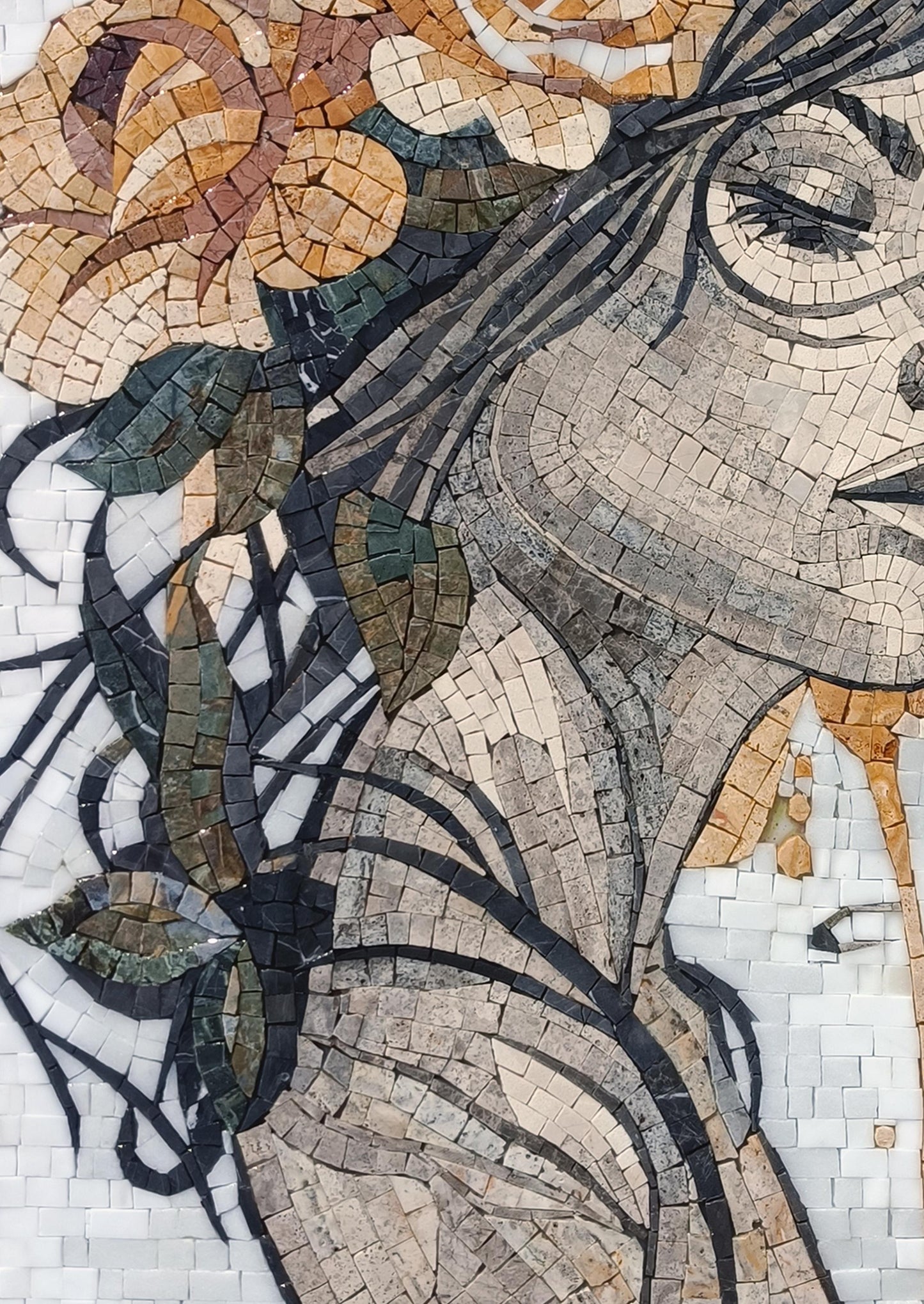 WOMAN MOSAIC TILES | Woman Hair Flying With Elegant Roses, Art Tile Mural