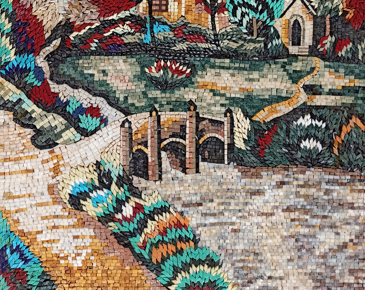 Handmade Marble Mosaic Mural: Desert Palm Tree Landscape Tile