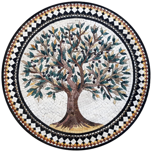 Olive Tree Backsplash Marble Mosaic Medallion Tiles. Customization. Handcrafted Roman Mosaics