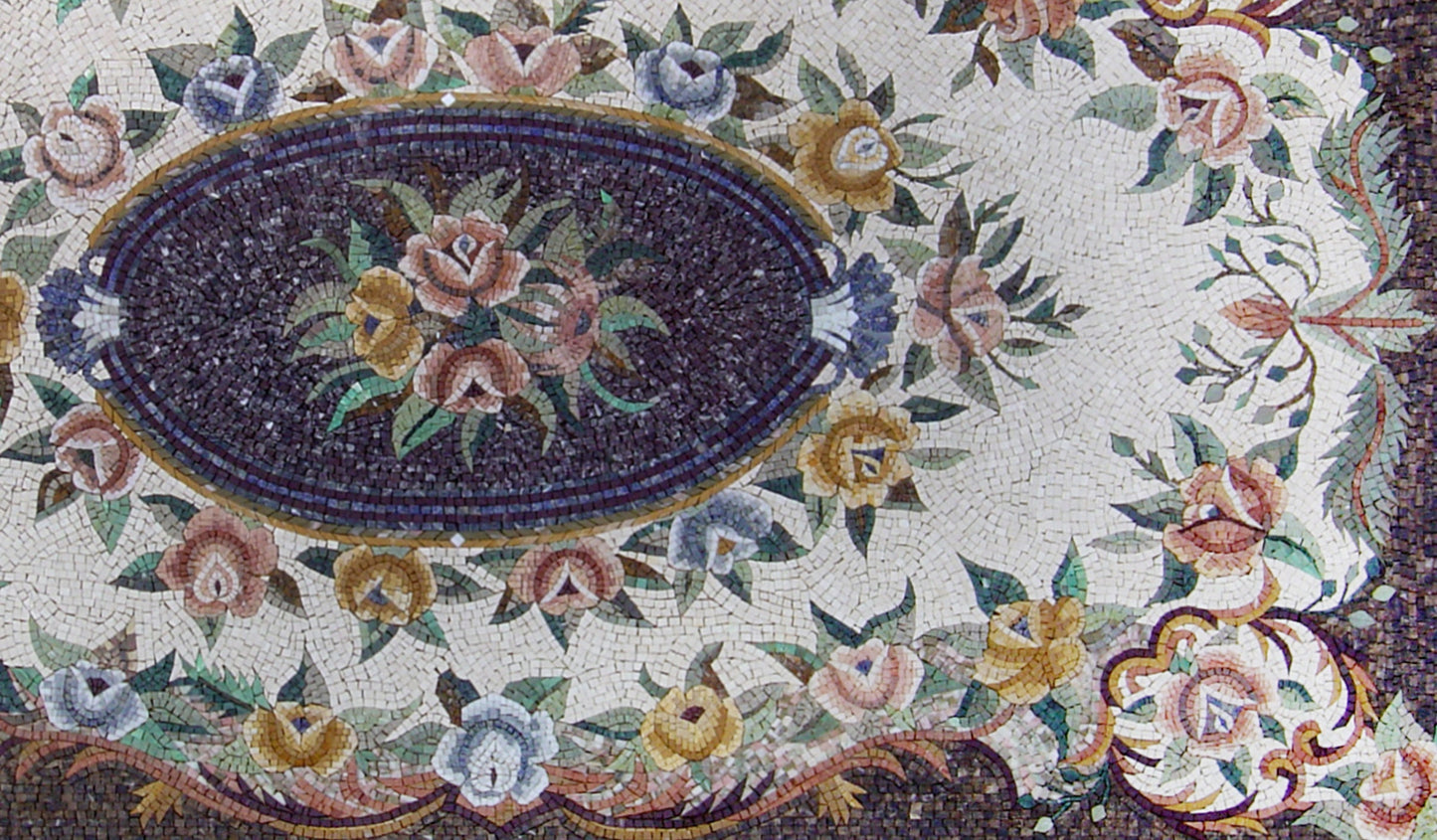 Handmade Marble Mosaic Rug: Floral Art Tile, Home Decor (64” x 110")