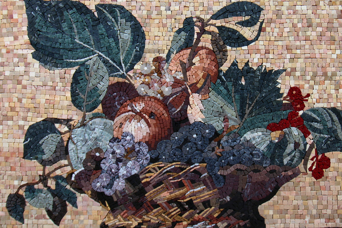 Handmade Fruit Bowl Mosaic Tile Art: Marble Kitchen Backsplash (32” x 24”)