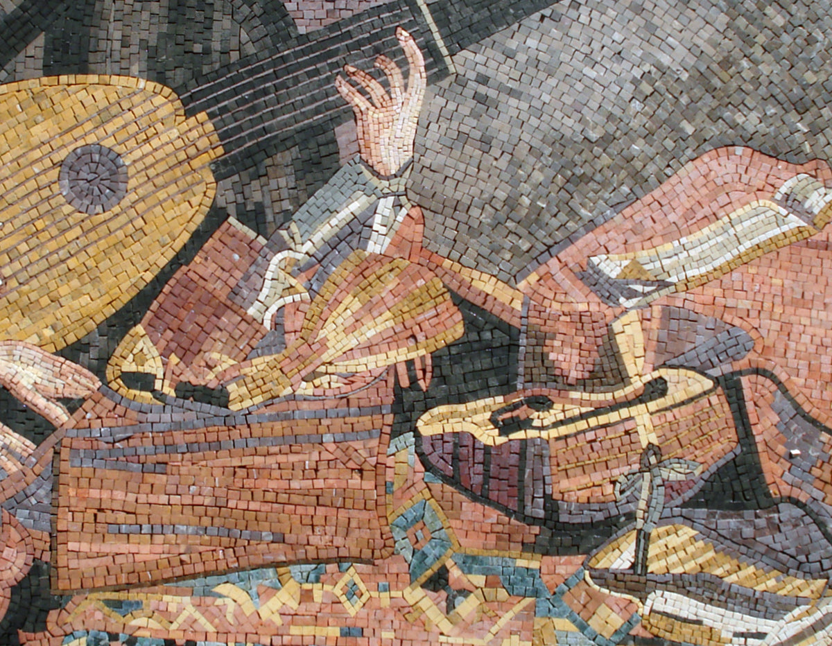 Handmade Marble Mosaic Mural: Two Musicians Playing Music