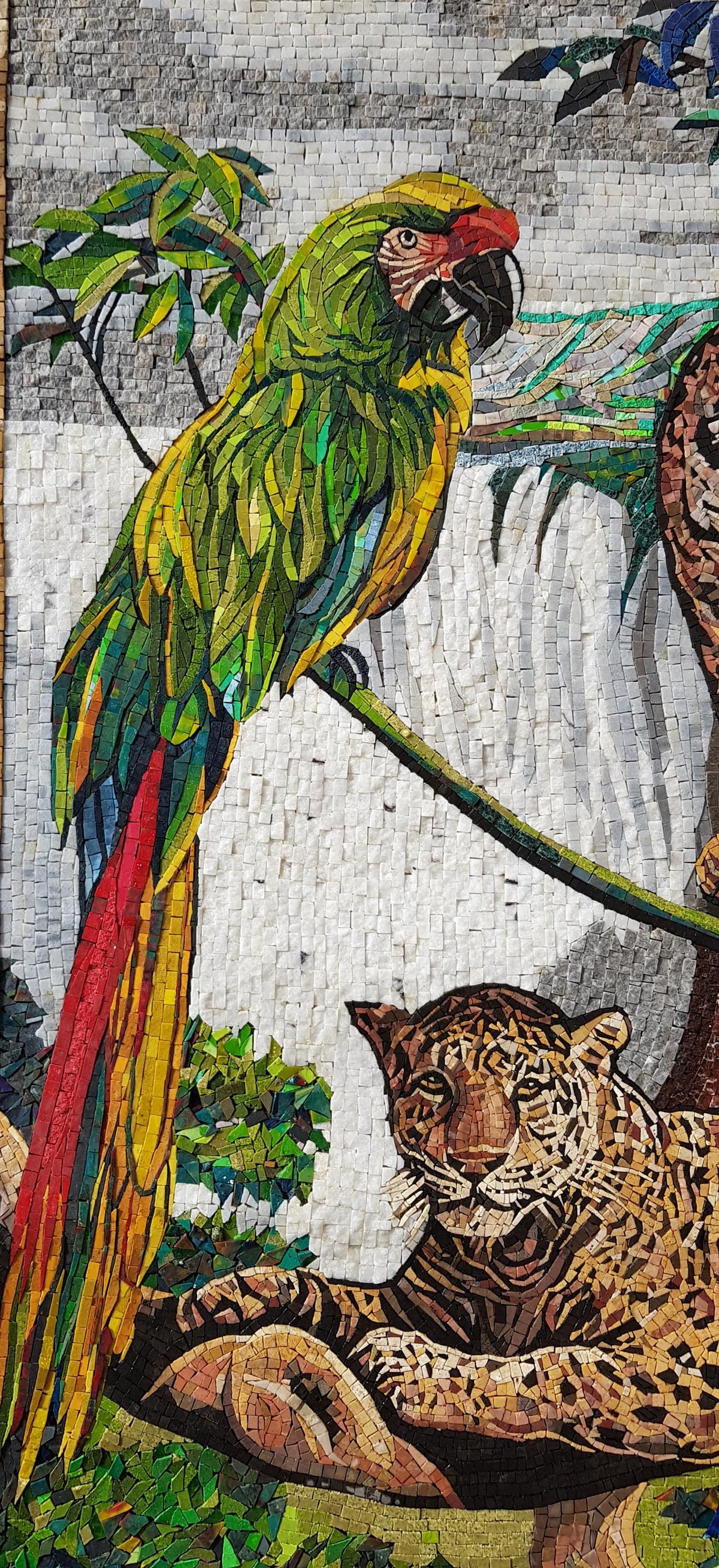 52"x40" Jungle Mosaic Wall Art – Handmade Marble Tile Artwork Featuring Parrots and Tiger, Customization available