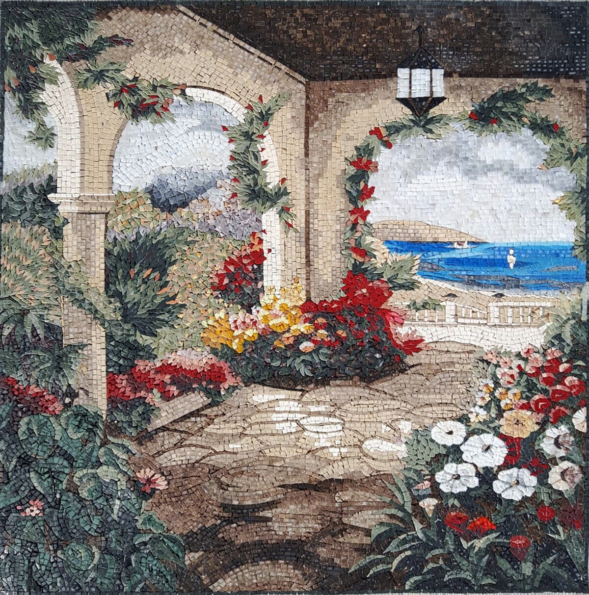 Tuscan Floral Mosaic Mural: Handmade Stone Tile Art (44” x 40")