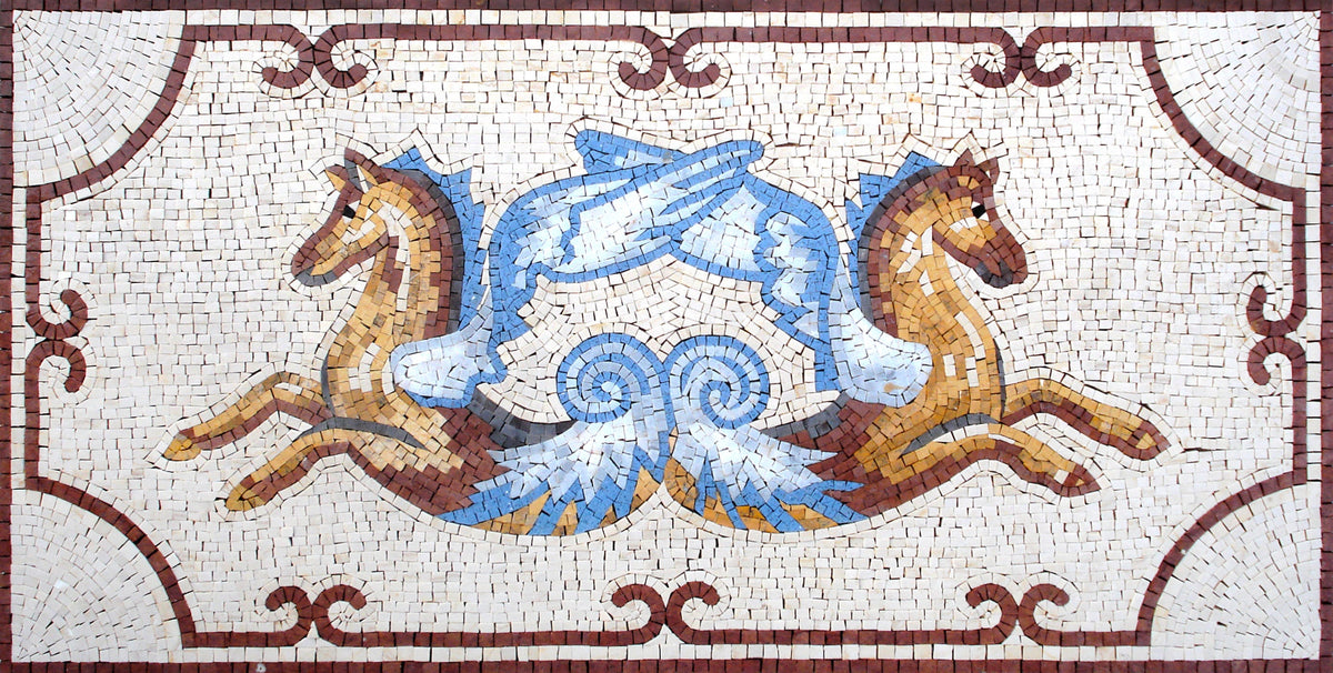 Flying Horse Mosaic Tile Art: Handmade Marble Wall Mural (48” x 24”)