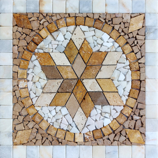 Brown Marble Mosaic Medallion: Handcrafted Stone Art Tile (24x24)