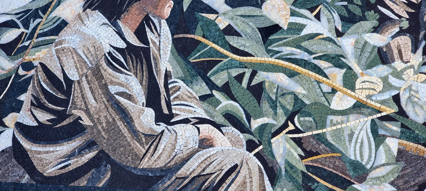120"x50" Women and Monkey in Grass Mosaic Wall Art – Nature-Inspired Scene, Exotic Home Decor, Customization available
