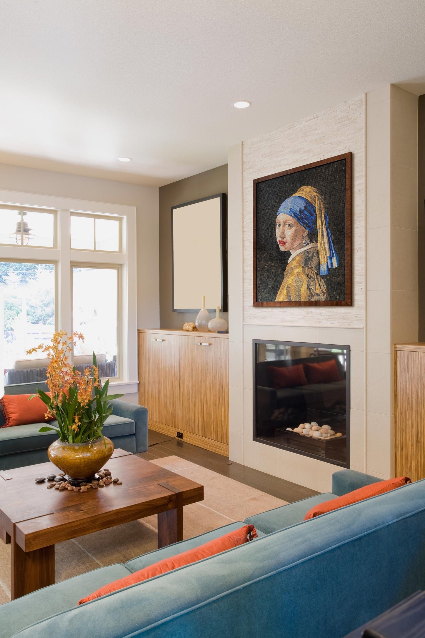 34x28  Girl with a Pearl Earring Mosaic – Vermeer Reproduction, Framed Wall Decor, Customization Available