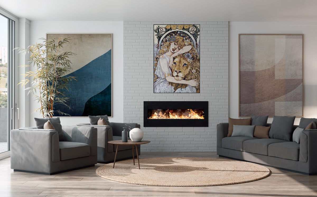48x32 Women and Lion Mosaic Wall Art – Custom Handmade Marble Tile, Symbolic Animal Design, Decorative Wall Inlay, Customization available