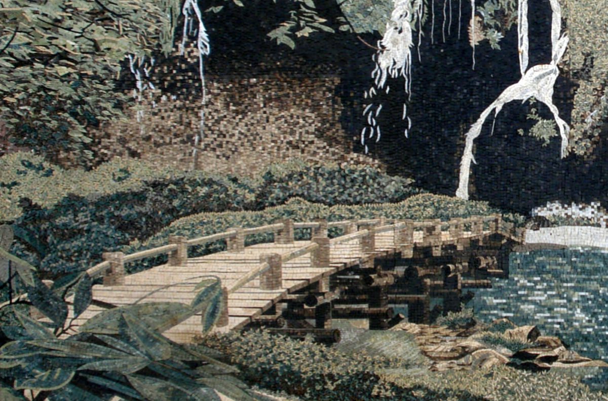 Handmade Marble Mosaic Tile: Waterfall & Bridge Art