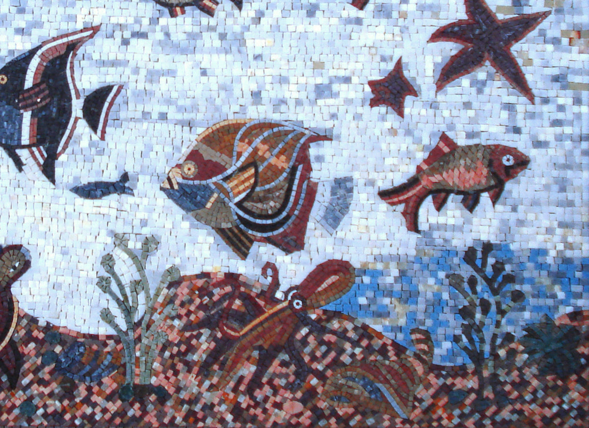Handmade Sea Animal Mosaic Mural: Ocean Tile Art (50” x 36")