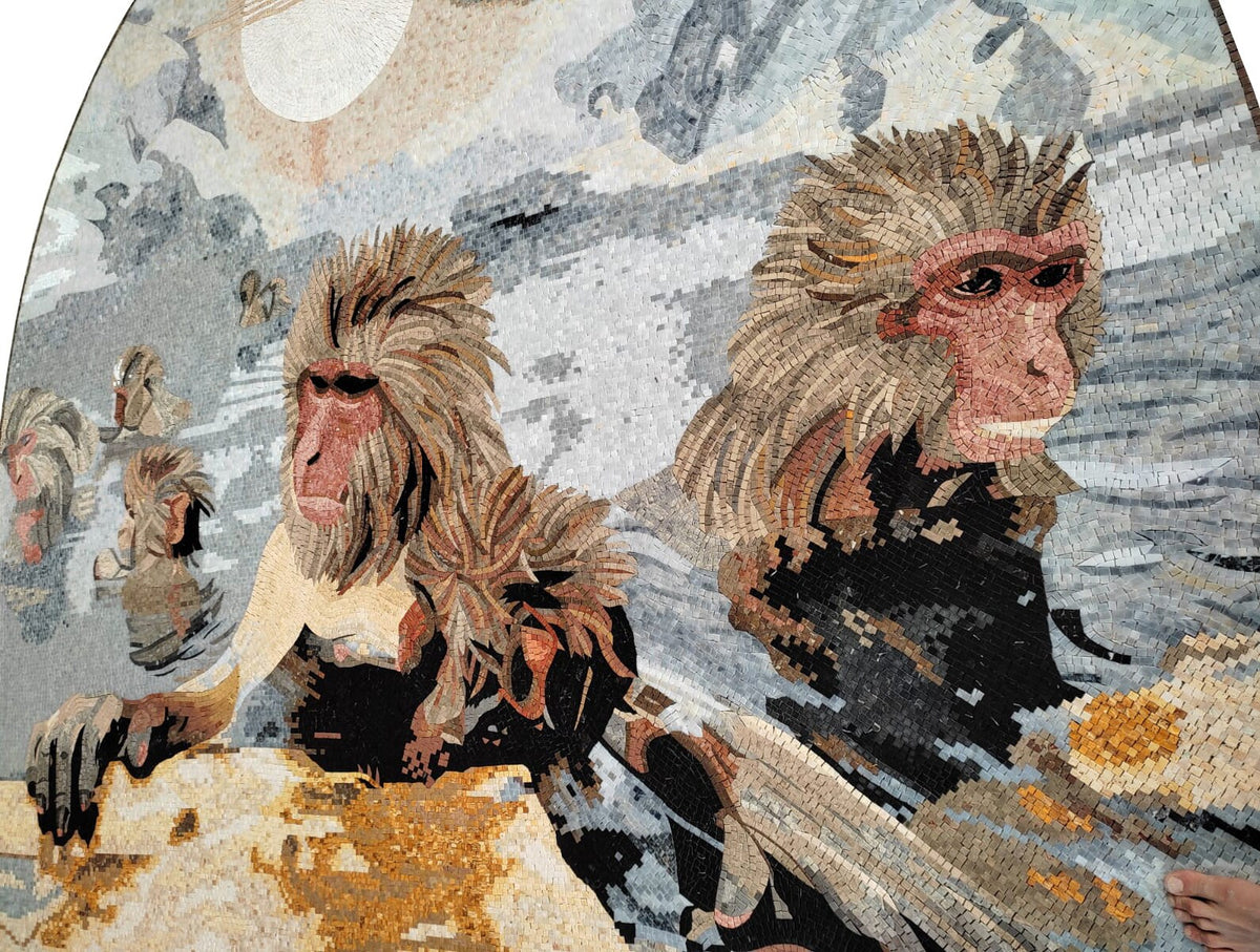 Handmade Macaques Mosaic Tile: Jungle Animal Wall Art (80” x 72")