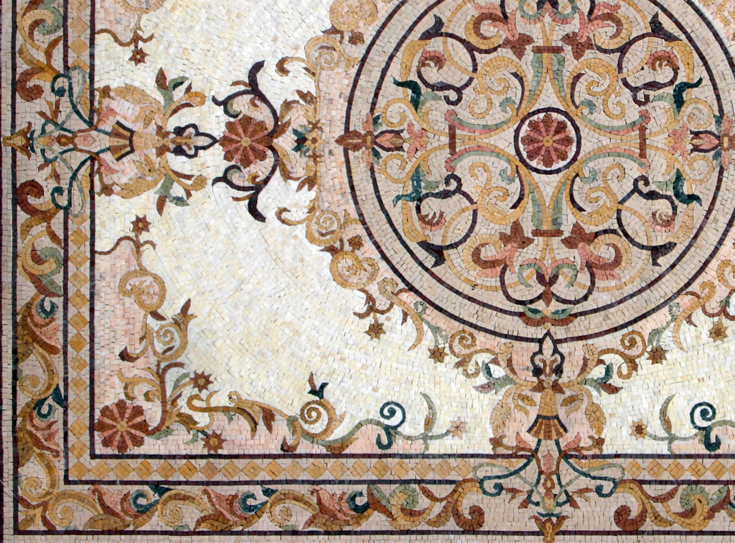 Handmade Marble Mosaic Rug: Floral Medallion, Stone Tile (80” x 60")